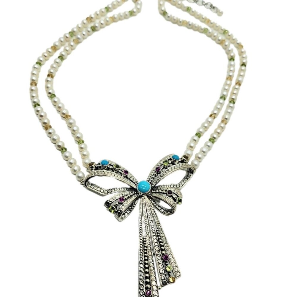 Nicky Butler Bow Ribbon Necklace Gem Turquoise Freshwater Pearl Sterling Silver